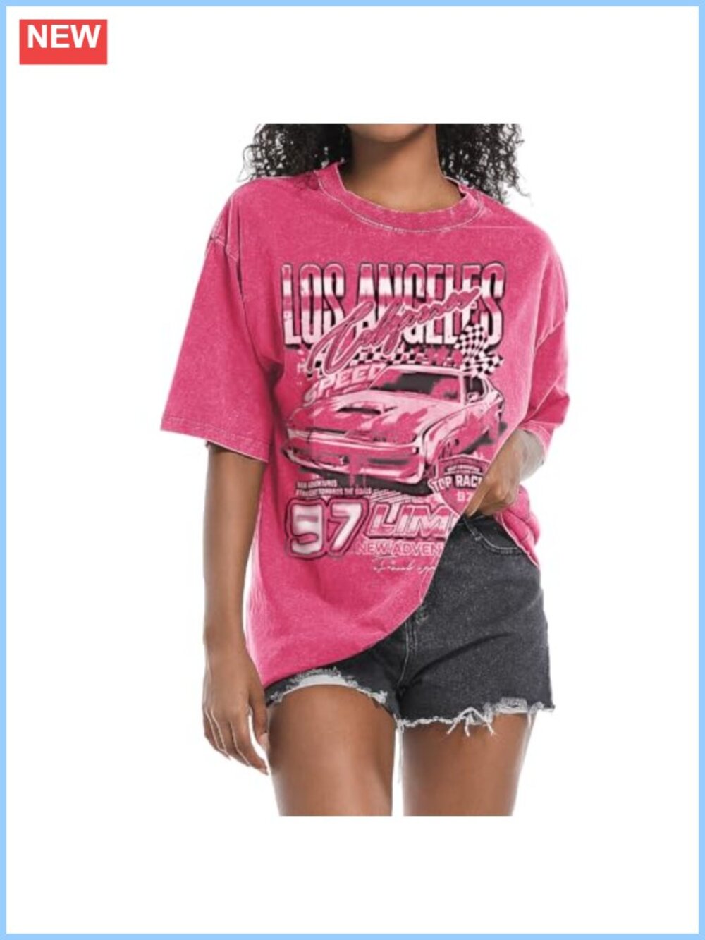 Women Oversized Graphic Race Car Tee Preppy Streetwear Drop Shoulder Short